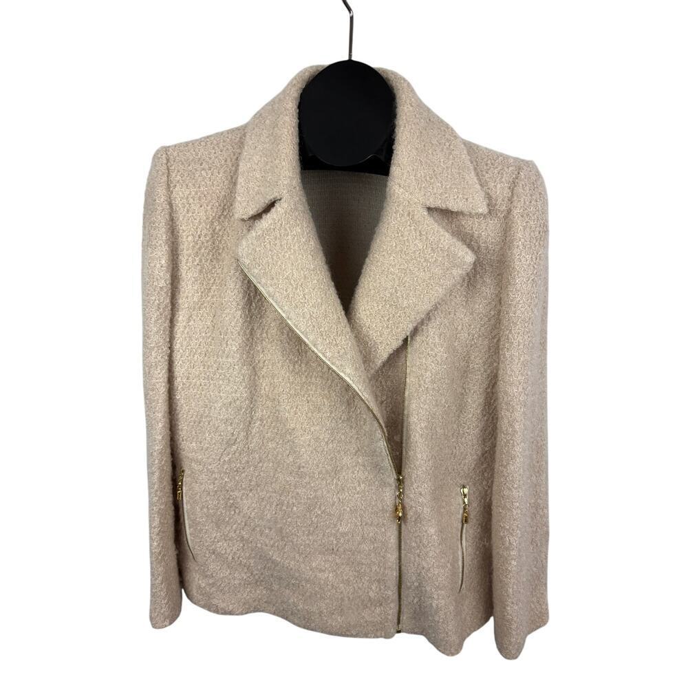 VTG St. John Collection Marie Gray Jacket Cream Asymmetrical Zip Wool USA Sz 12
